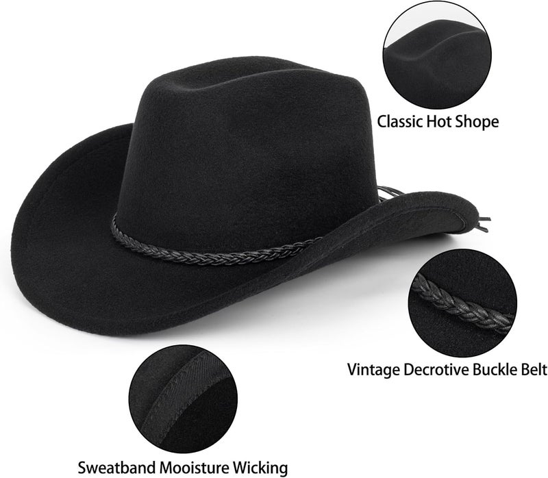 FGSS Classic-Western-Cowboy-Hat Upturn-Brim Felt-Cowgirl-Hat Rodeo-Hats with Belt for Women Men (Fit for 22.4-23.2") - Image 4